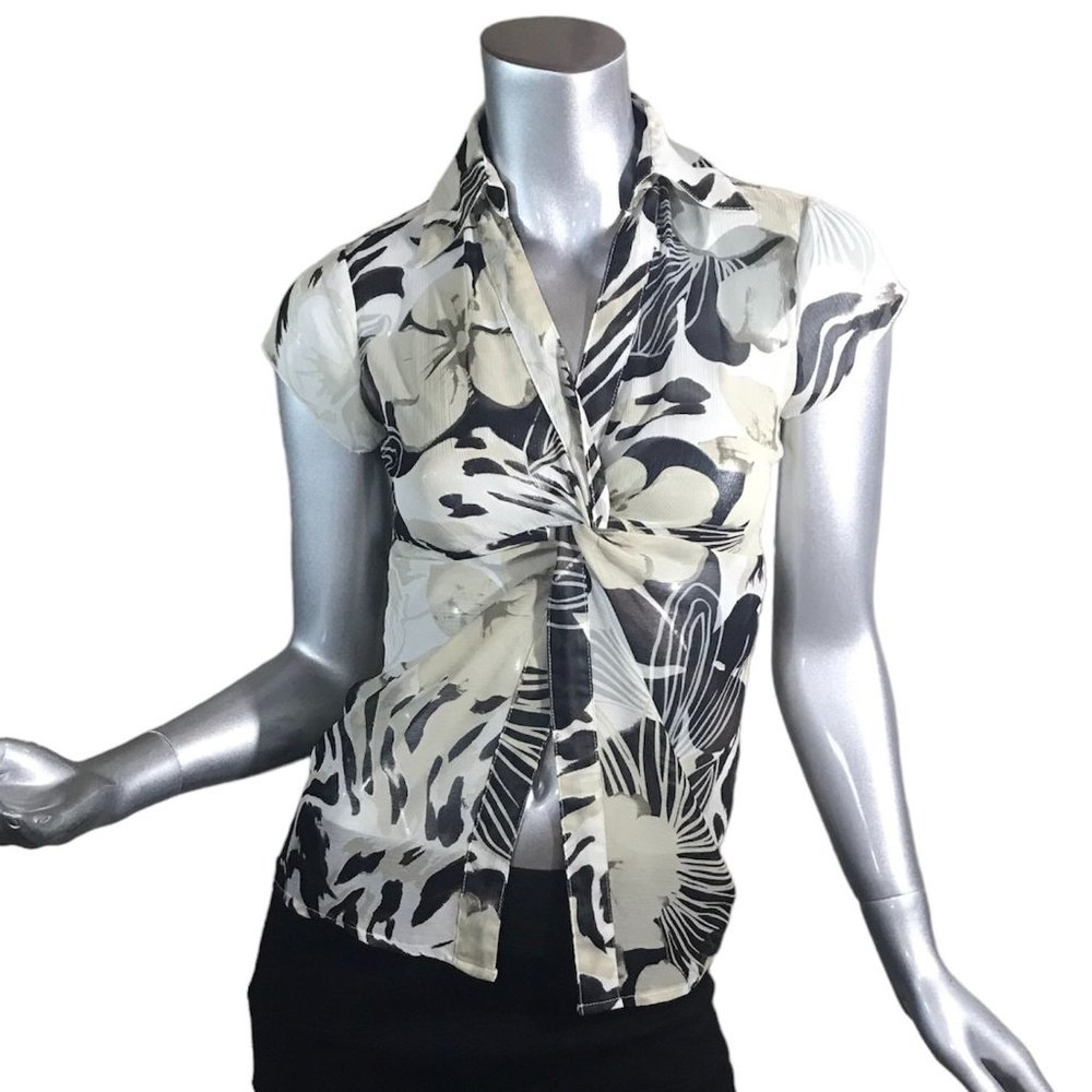 M.K.M Designs Women's Small Y2K Semi Sheer Crop Belly Relieving Blouse V Neck To